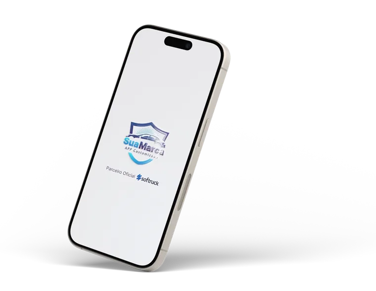 Celular abrindo o aplicativo com a marca da empresa cliente e a assinatura Parceiro Oficial Softruck