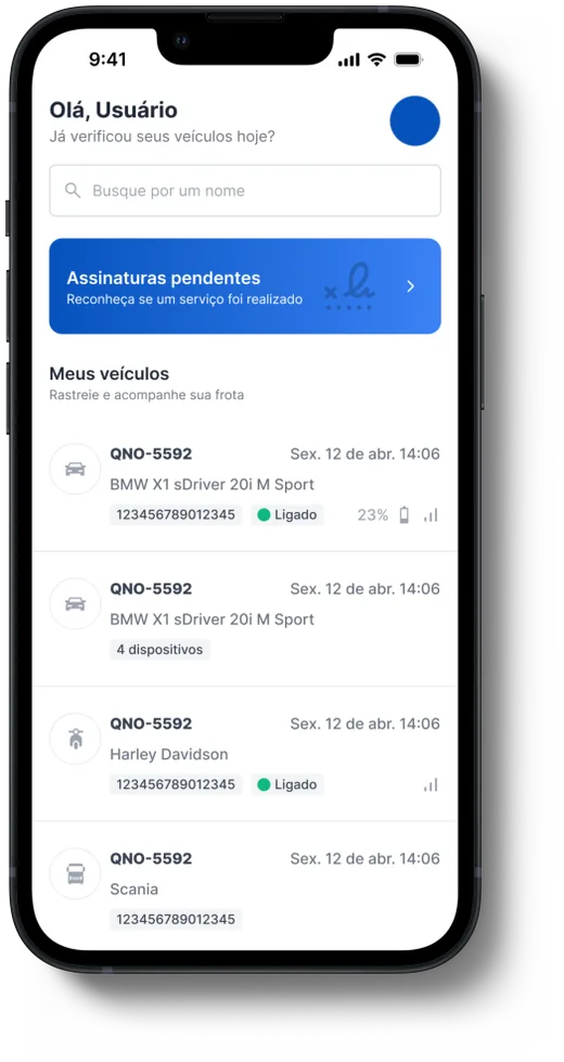 Tela do aplicativo mostrando a lista de veículos do cliente final