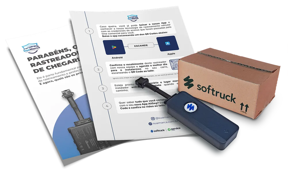 Kit enviado ao cliente: caixa da Softruck, rastreador e flyer de instruções com a marca da empresa